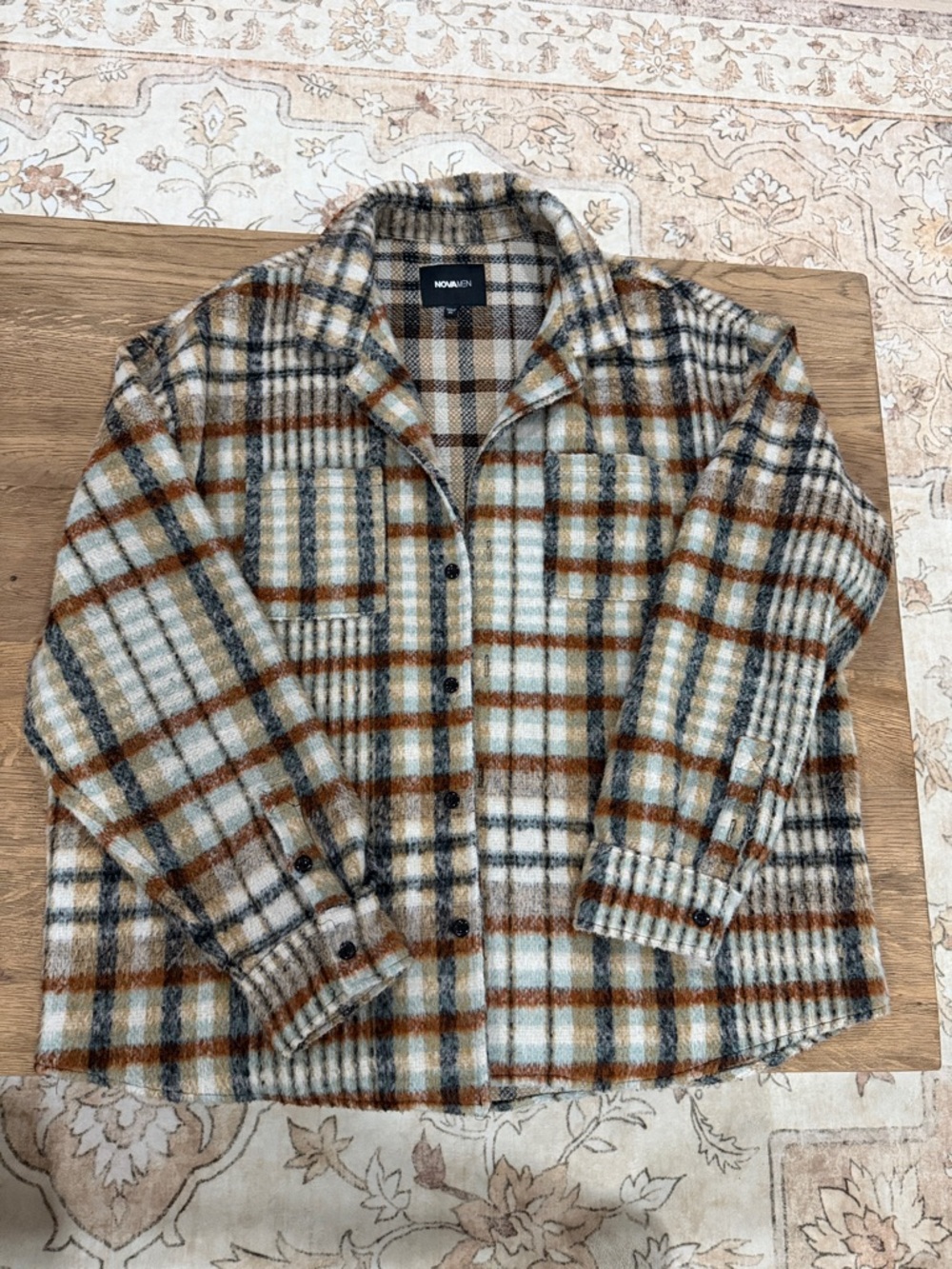 NOVAMEN Plaid Button-Up Shacket in Cream, Brown & Blue